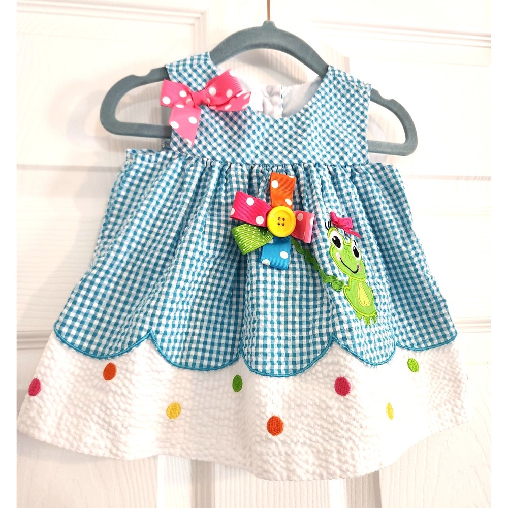 🩷 Bonnie Baby Blue White Seersucker Dress with Froggy Sz 6-9 Months SO CUTE!